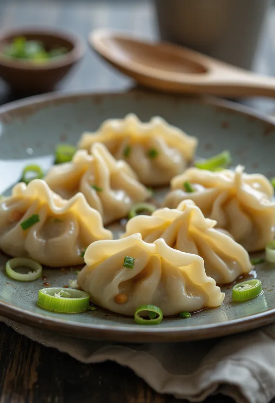 ג'iaozi טופו סיני מבושל, מוגש על צלחת פורצלן, מילוי גלוי