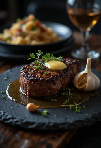 סטייק ריב-איי צלוי לזהוב, מוגש עם עשבי תיבול טריים וחמאה