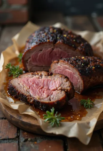 בריסקט מעושן מוגש בפרוסות דקות עם רוטב ברביקיו ותוספות