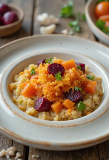 אסורדה עם ירקות, בקערה מקושטת בפטרוזיליה
