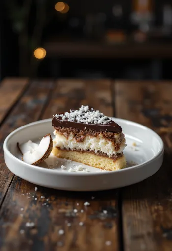 עוגת באונטי מעוטרת בציפוי שוקולד ושבבי קוקוס