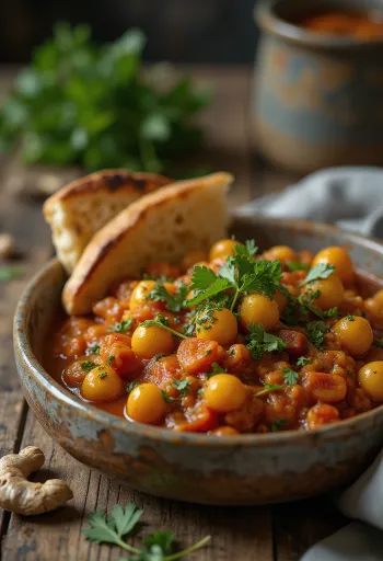 גוגני עם מסאלה, חומוס מתובל, מוגש עם כוסברה ולימון