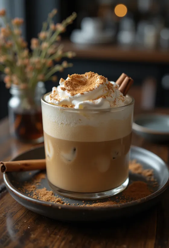 משקה קפה פרפה קינמון ונענע מעוטר בקצפת, מקל קינמון ועלי נענע