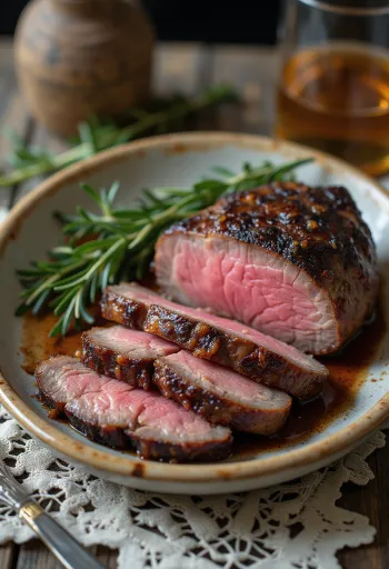 סטייק צבי מעושן מוגש עם ירקות צלויים ורוזמרין