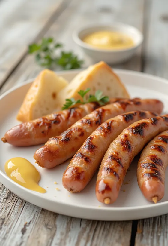 נקניקייה מטוגנת לזהוב עם קרום פריך, מוגשת עם חרדל ולחם טרי.