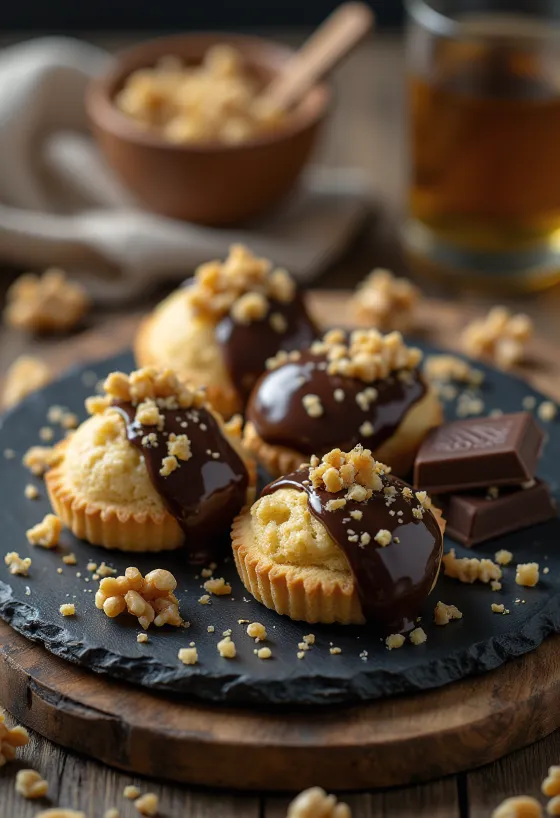 מלומוקרונה בציפוי שוקולד, עם זיגוג מבריק, מסודר בצלחת