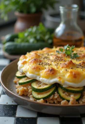 תבנית מאפה קישואים ובשר עם שכבת שמנת חמוצה זהובה