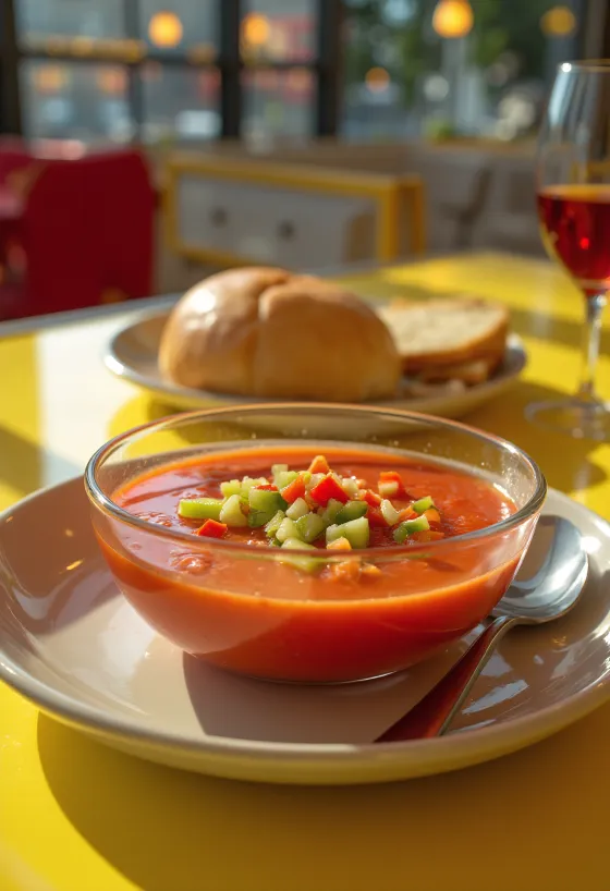 גספצ'ו טרי מוגש קר כקרח, מקושט בירקות קצוצים דק