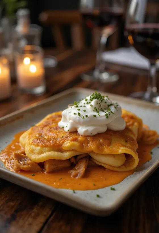 בלינצ'ס בשר הורטובאג'י מוגש עם שמנת חמוצה ופטרוזיליה טרייה.