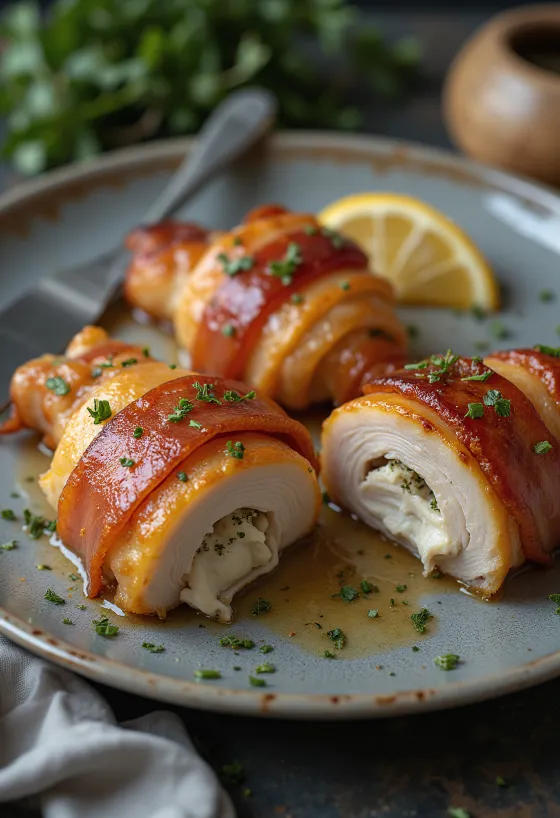 חזה עוף עטוף בבייקון מוגש עם ירקות מאודים