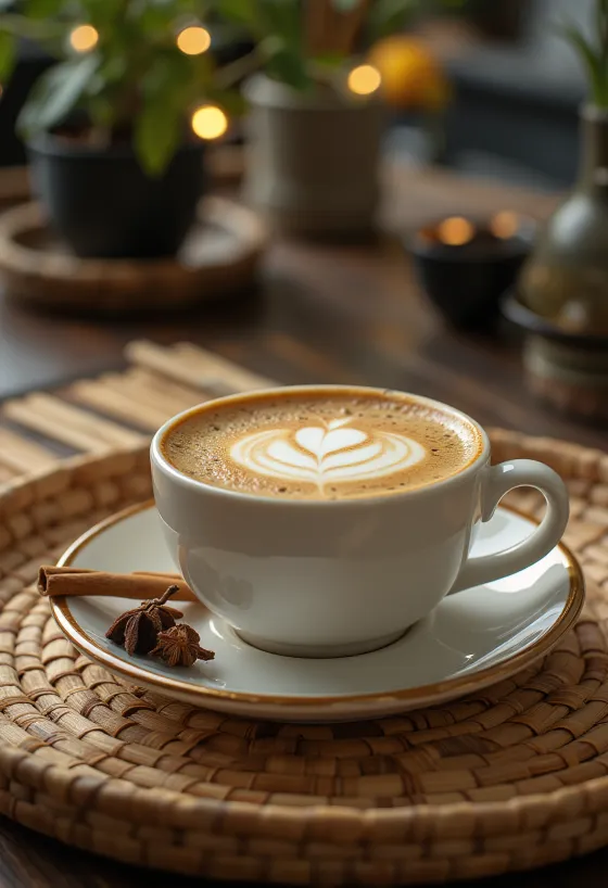 משקה קפה לאטה קינמון וציפורן מעוטר במקל קינמון וקצפת