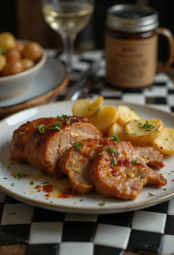 צוואר חזיר בשום צלוי לפריכות, מוגש עם עשבי תיבול טריים