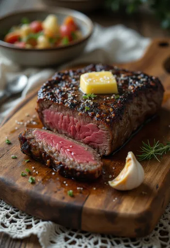 סטייק קודו מוגש עם פלחי לימון וירקות.