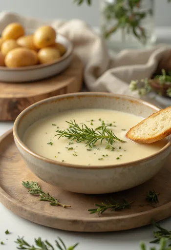 קערת מרק תפוחי אדמה בהירה עם קרוטונים וענף רוזמרין