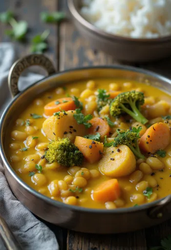 A bowl of Kootu curry with lentils, carrots, plantains, and broccoli in a golden coconut milk-based sauce.