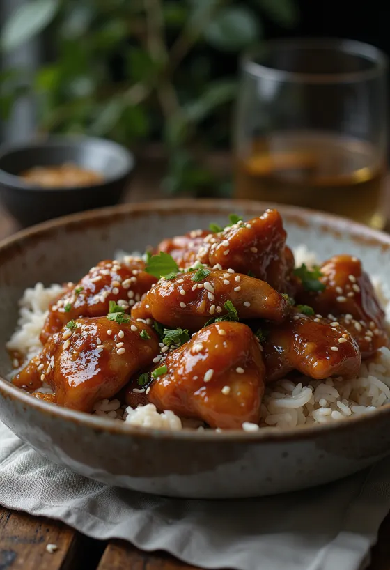 עוף בדבש צלוי לזהוב, זרוי בשומשום ועשבי תיבול טריים