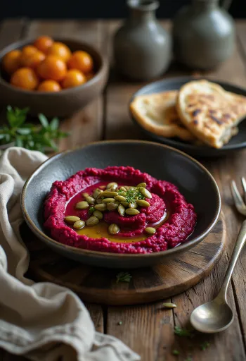 מחית סלק מתובלת פרביוטית מוגשת עם גרעיני דלעת