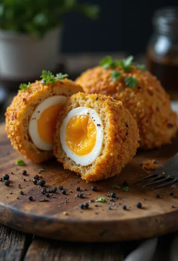 ביצה סקוטית עם פירורי פנקו, בציפוי פריך, עם פנים של ביצה