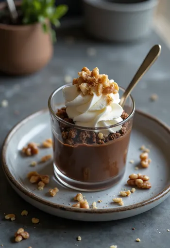 האגיס כקינוח שוקולד, מעוטר בקצפת ואגוזים