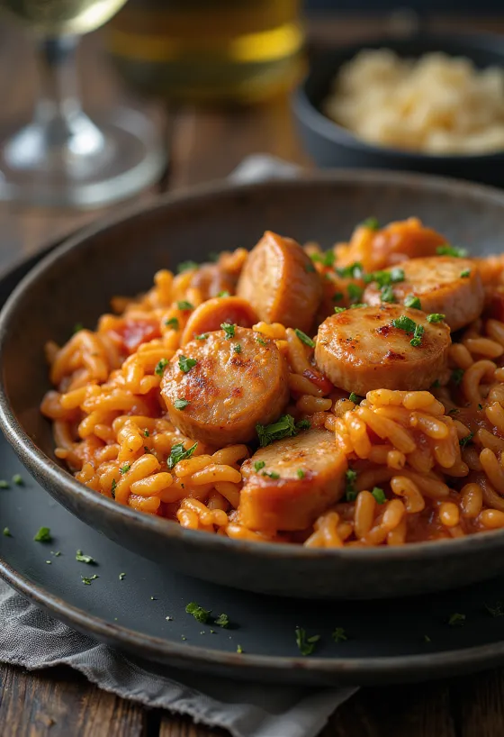 ג'מבלייה עם נקניק מעושן, מנה עשירה עם עוף, נקניק ואורז בקערה