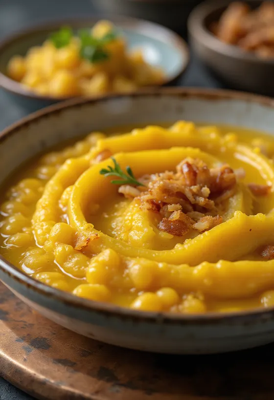 נזיד אפונה צהובה עם פטרוזיליה טרייה ותוספת פריכה