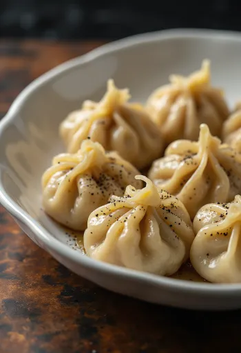 חינקלי עם בשר חזיר מוגש עם כוסברה טרייה