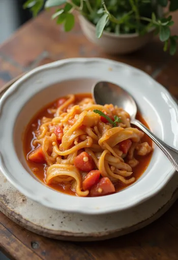 כרוב ברוטב עגבניות מוגש עם שמיר טרי וכדורי בשר עסיסיים.