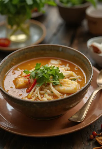 קערת מרק פנאנג לקסה עשיר עם נתחי דג, אננס וירקות טריים.