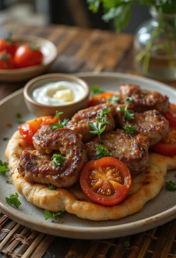 קבב איסקנדר עם עגבניות צלויות מוגש עם רוטב יוגורט ושום ופיתה קלויה