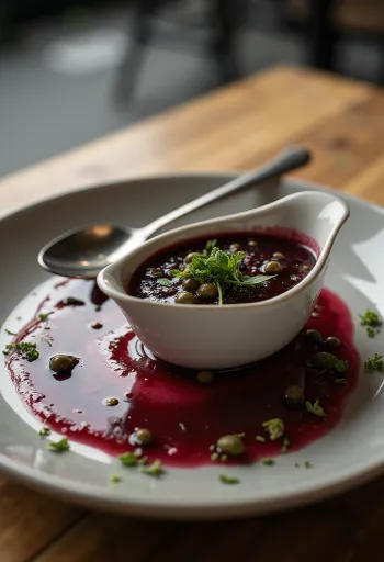 רוטב יין אדום וצלפים עם טרגון מוגש