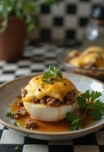 חציל ממולא עם גבינה קריספית מלמעלה, זרוי עשבי תיבול טריים