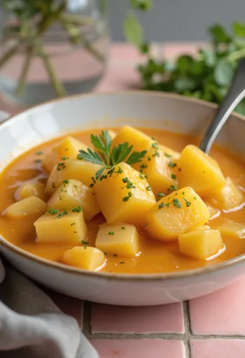 נזיד תפוחי אדמה קלאסי עם רביכת שמנת חמוצה ומקושט בפטרוזיליה טרייה.