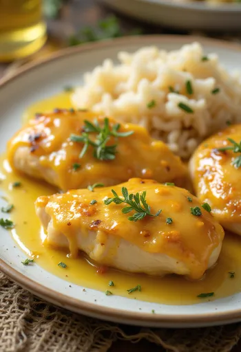 חזה עוף עסיסי בחרדל ודבש צלוי לפריכות, מוגש עם ירקות טריים.