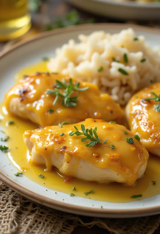 חזה עוף עסיסי בחרדל ודבש צלוי לפריכות, מוגש עם ירקות טריים.