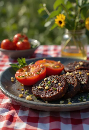 פודינג שחור מוגש עם עגבניות צלויות, מקושט בפטרוזיליה טרייה