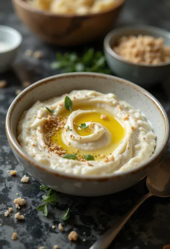 ממרח חצילים ברוטב טחינה מוגש