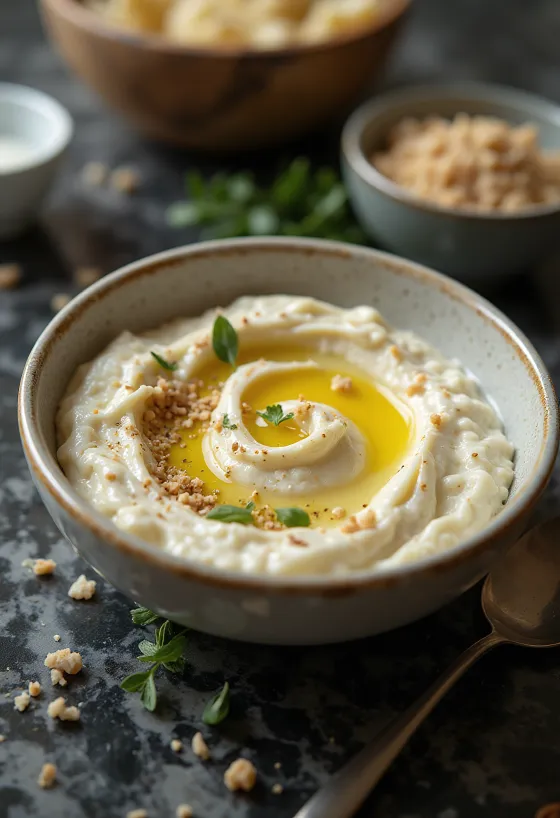 ממרח חצילים ברוטב טחינה מוגש