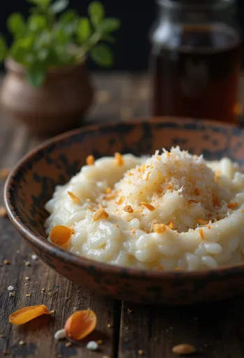 פירני עם קוקוס, פודינג הודי קרמי, עם שבבי קוקוס מעל