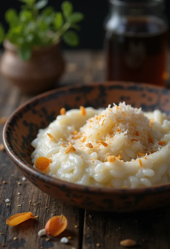 פירני עם קוקוס, פודינג הודי קרמי, עם שבבי קוקוס מעל