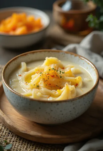 תבשיל קישואים קרמי עם שמיר ושמנת חמוצה, מוגש עם לחמניה טריה ופריכה.