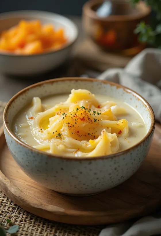 תבשיל קישואים קרמי עם שמיר ושמנת חמוצה, מוגש עם לחמניה טריה ופריכה.