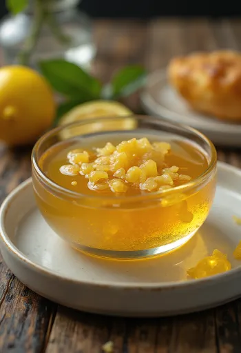 זיגוג דבש ולימון עם ג'ינג'ר בקערה, מקושט בפרוסות לימון וג'ינג'ר.