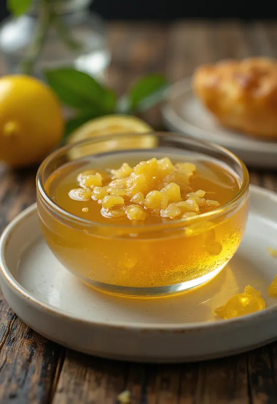 זיגוג דבש ולימון עם ג'ינג'ר בקערה, מקושט בפרוסות לימון וג'ינג'ר.