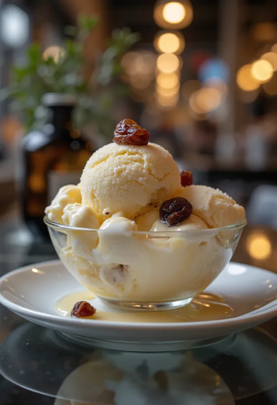 גלידת רום צימוקים מוגשת במרקם קרמי