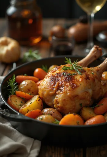 כרעי ברווז צלויות עם עור פריך וירקות צלויים מוגשות