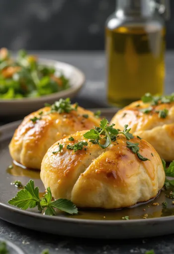 סטרומבולי עם שמן זית מתובל, מוגש עם שמן זית מתובל עשיר, פריך מבחוץ ורך מבפנים.