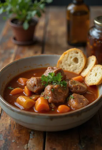 ת'ריד עם בשר מעושן, מוגש עם כוסברה טרייה וקוביות לחם