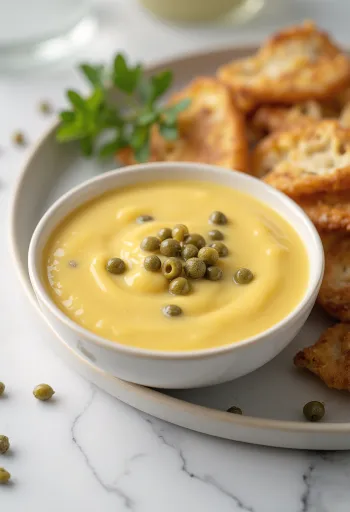 רוטב חרדל ודבש עם צלפים בקערה, מקושט בצלפים ופטרוזיליה טרייה.