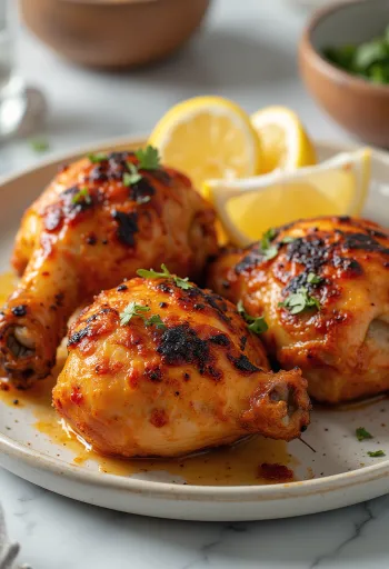 עוף טנדורי צלוי במרינדת יוגורט, מוגש עם עשבי תיבול טריים