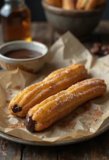 צ'ורוס ממולאים, זהובים ופריכים מבחוץ ומוגשים עם קרם שוקולד